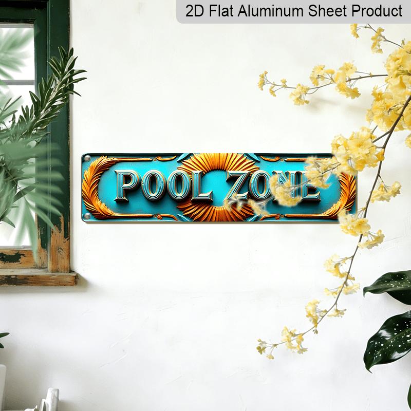 2D Flat, Large Turquoise & Golden Vintage Pool Zone Metal Sign - 15.7×3.94inch Retro Turquoise Blue Pool Table Wall Art with POOL ZONE Lettering