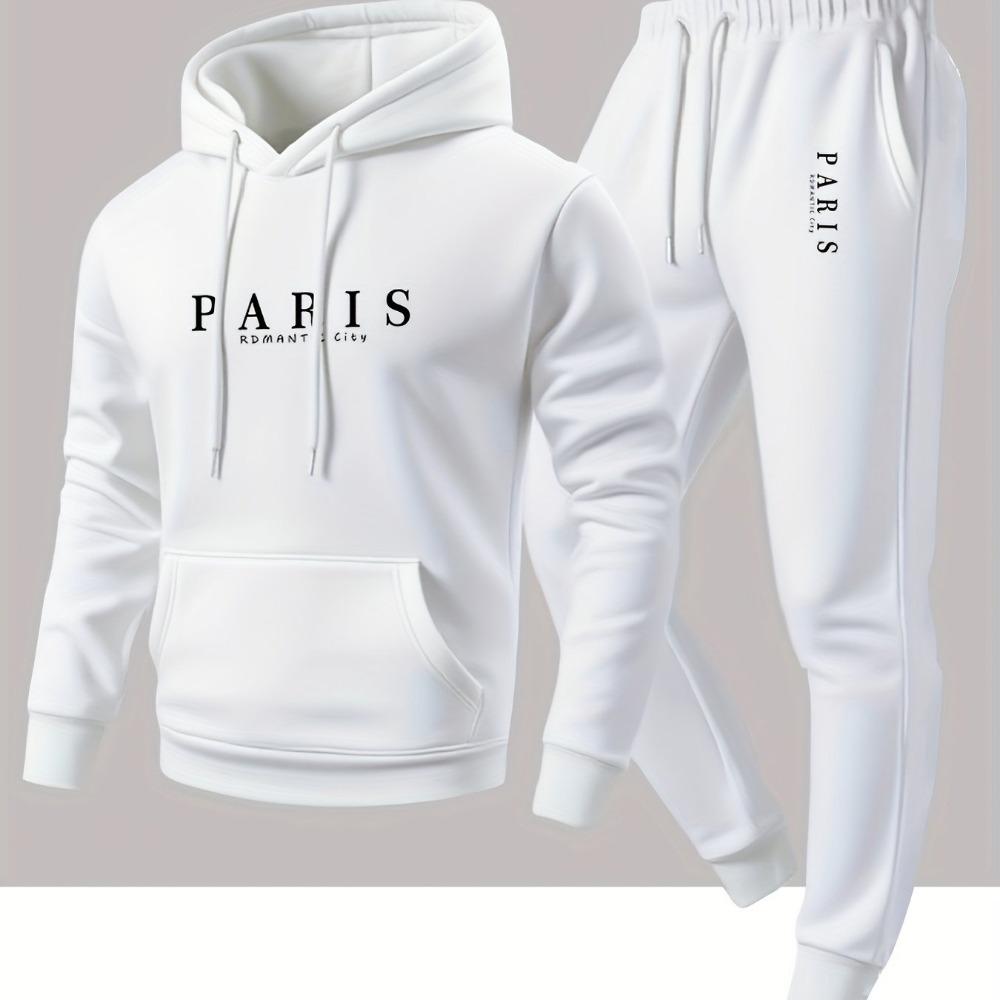 Pariser Romantischer Urbaner Stil Paris Aufdruck Kapuzenpullover und Passende Jogginghose Lässiges Set für Sport und Outdoor