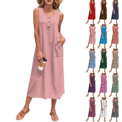 Damen Sommer Maxikleid Ärmellos Button Down Lässig Locker Langes Strand Sommerkleid Reiseurlaub Outfits
