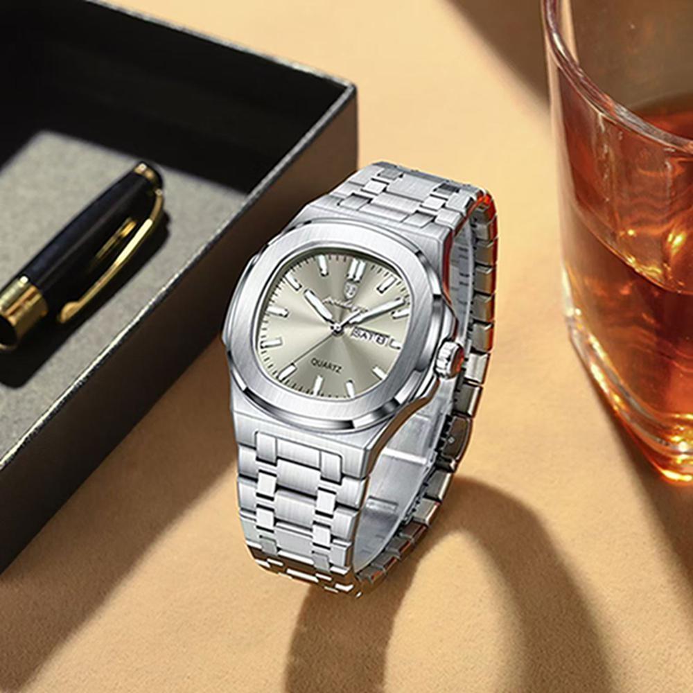 Luxury Square Men's Watches Waterproof Luminous Date Week Men Watch Stainless Steel Fashion Quartz Wristwatch