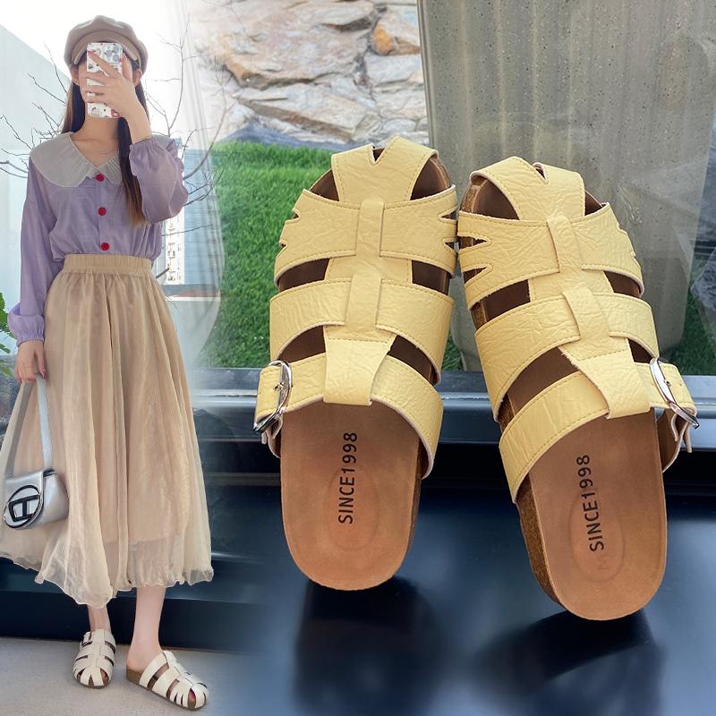 Fashion Flat Retro Woven Baotou Half Slippers Women's Outside Wear New Summer Soft Sole Non-slip Cool Drag Roman Sandals