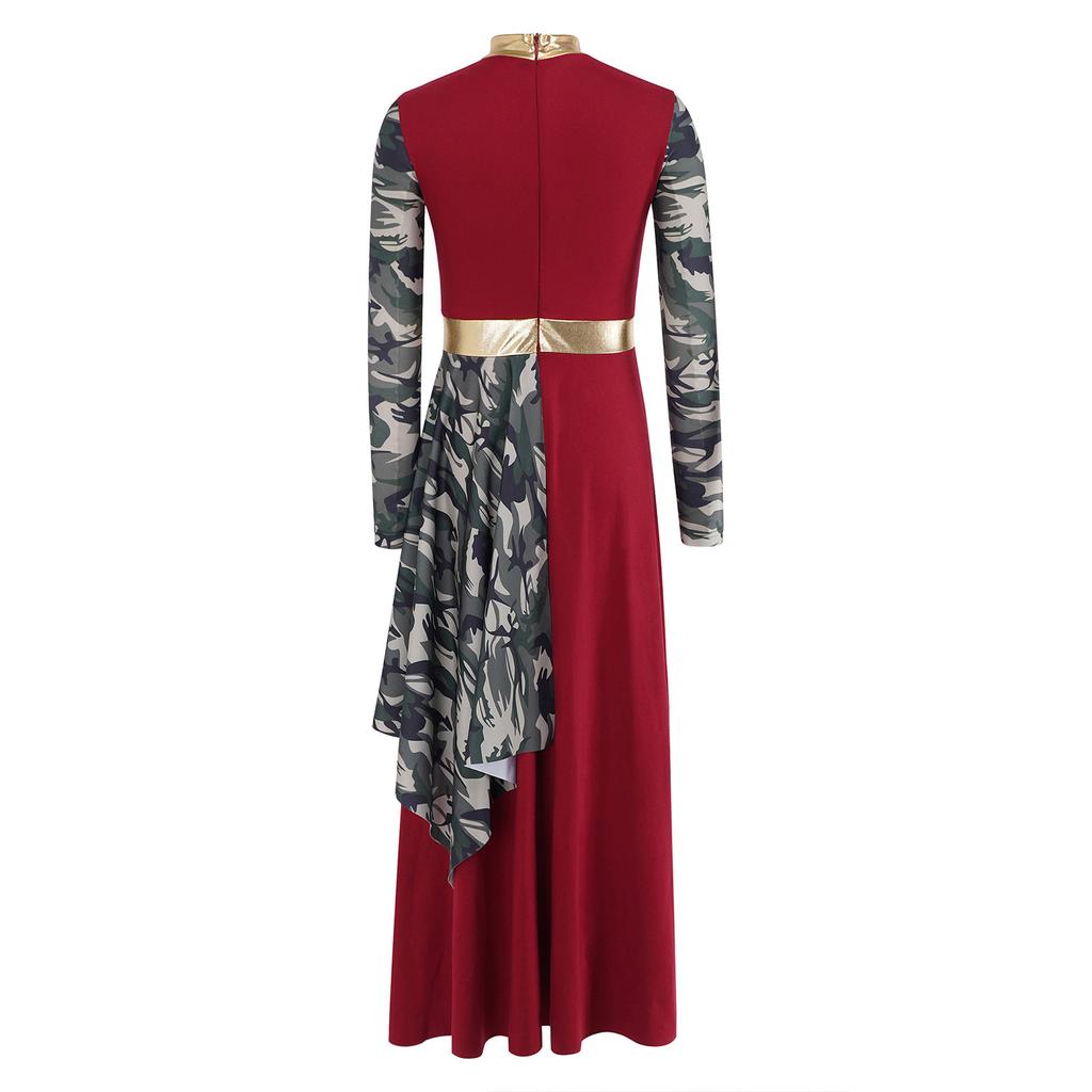 Kids Praise Dance Costume Mock Neck Long Sleeve Printed Asymmetrical Drape Hem Back Zipper Dress for Liturgical Worship Performance