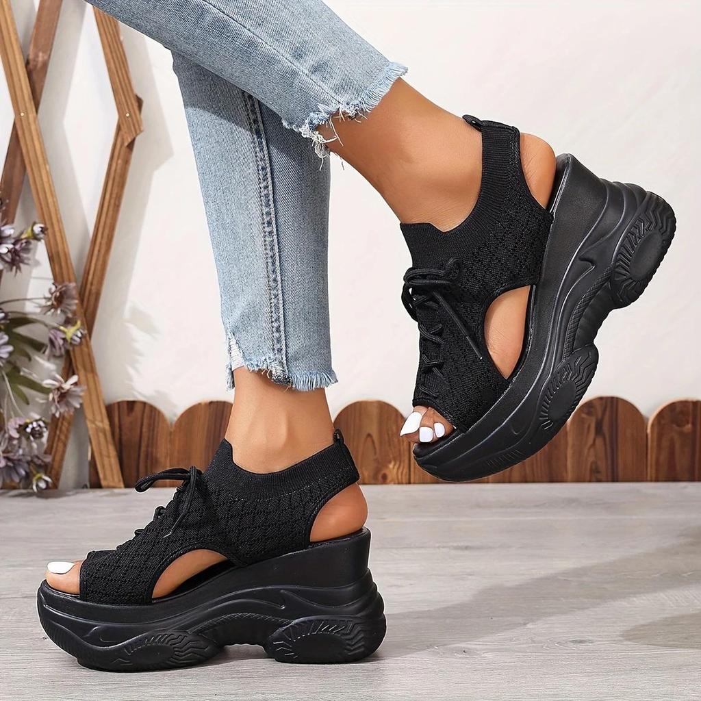 Women's Summer Platform Wedge Sandals, Breathable Woven Elastic Upper, Open Toe Lace-up Comfortable Sandals, Soft Soled High-heeled Casual Shoes