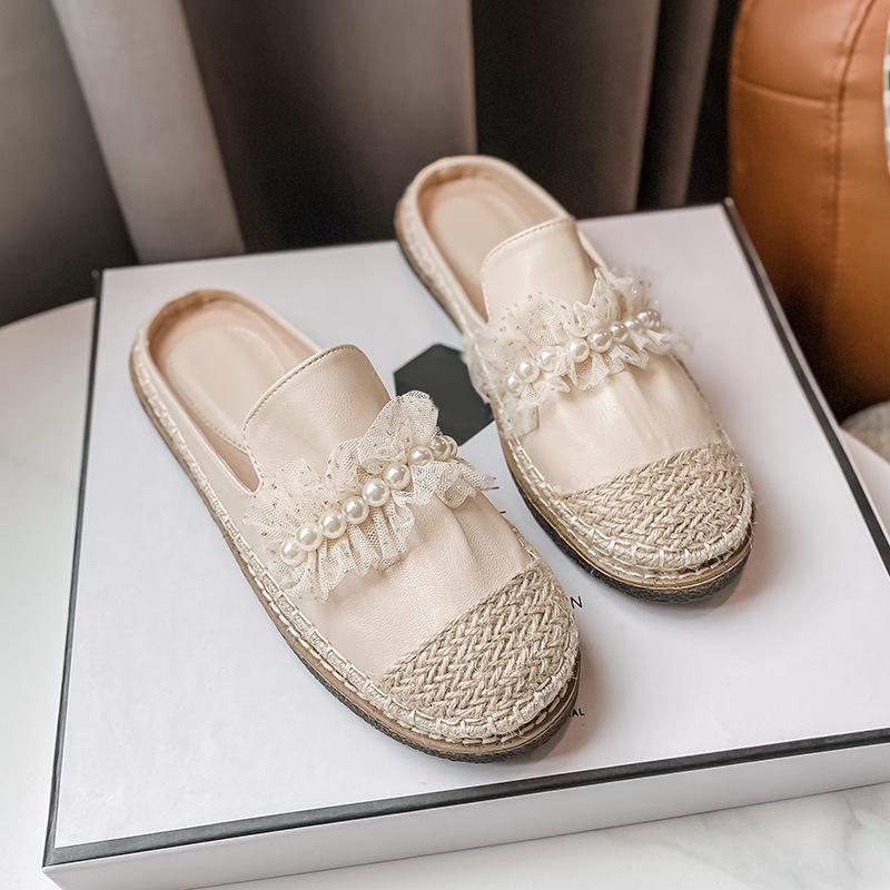Fashion String Beaded Espadrilles Women Slippers Flat Heel Slides Ladies Shoes Cover Toe Mules Pantuflas Flipflops Slip On Femme Sandals
