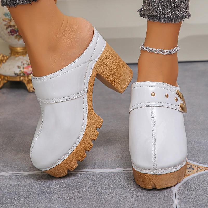 Damskor Chunky Högklackade Mules Tofflor Enfärgade Baotou Romerska Tofflor Plattform Slip-on Skor
