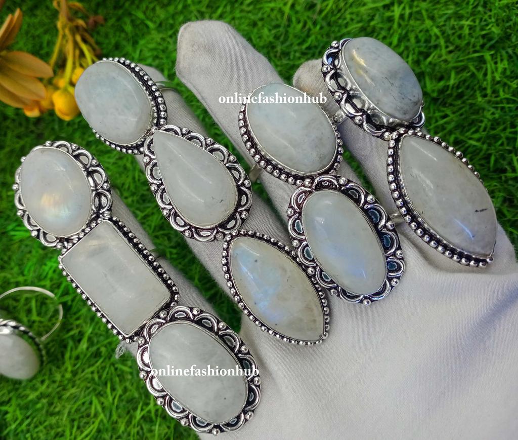 5Pcs Moonstone Gemstone Designer Handmade Rings Jewelry Wholesale Lot, Bulk Jewelry, Wholesale Rings, Christmas Gift, Wholesale JewelryMRO-L143