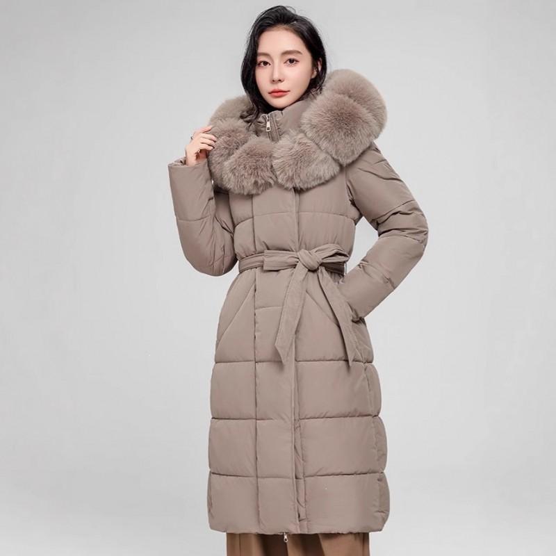 Womens Long Puffer Coat With Faux Fur Trim Hood Knee-Length Warm Winter Jacket Slim Fit Drawstring Waist
