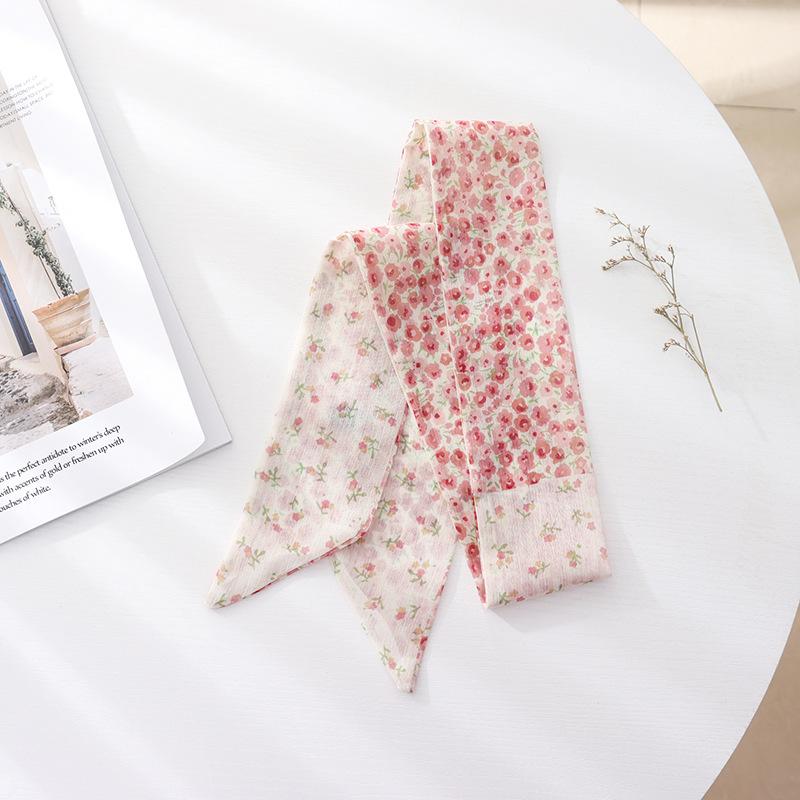 Summer French Retro Pink Tied Hair Small Floral Long Silk Scarf Headband Braided Hair Chiffon Thin Ribbon Scarf
