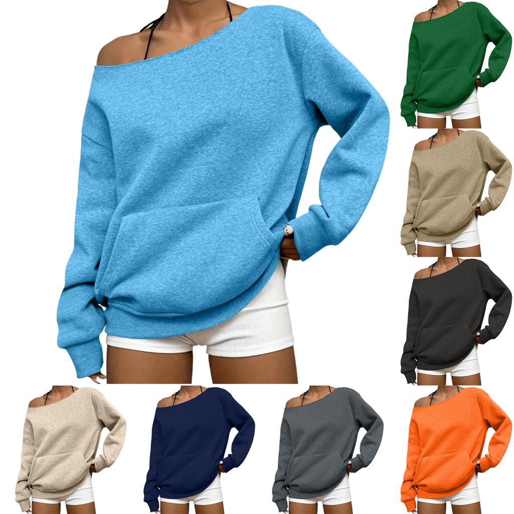 Women's Casual Fashion Solid Color Off-shoulder Long-sleeved Loose Sweatshirt With Pockets