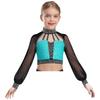 Flickor Dansuppträdande Topp Mock Neck Långärmad Genomskinlig Mesh Utskuren Rygg Axelbandsförsedd Strass Crop Top