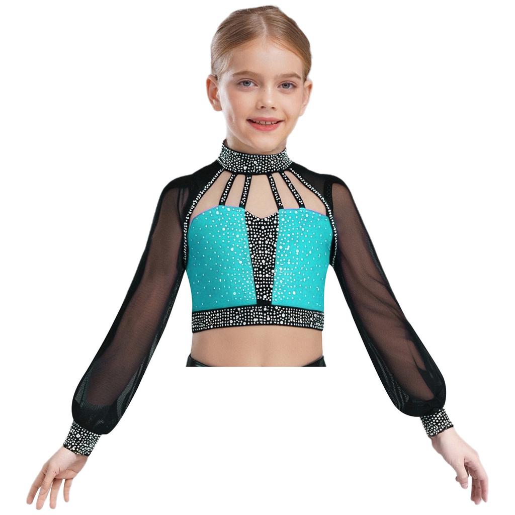 Flickor Dansuppträdande Topp Mock Neck Långärmad Genomskinlig Mesh Utskuren Rygg Axelbandsförsedd Strass Crop Top