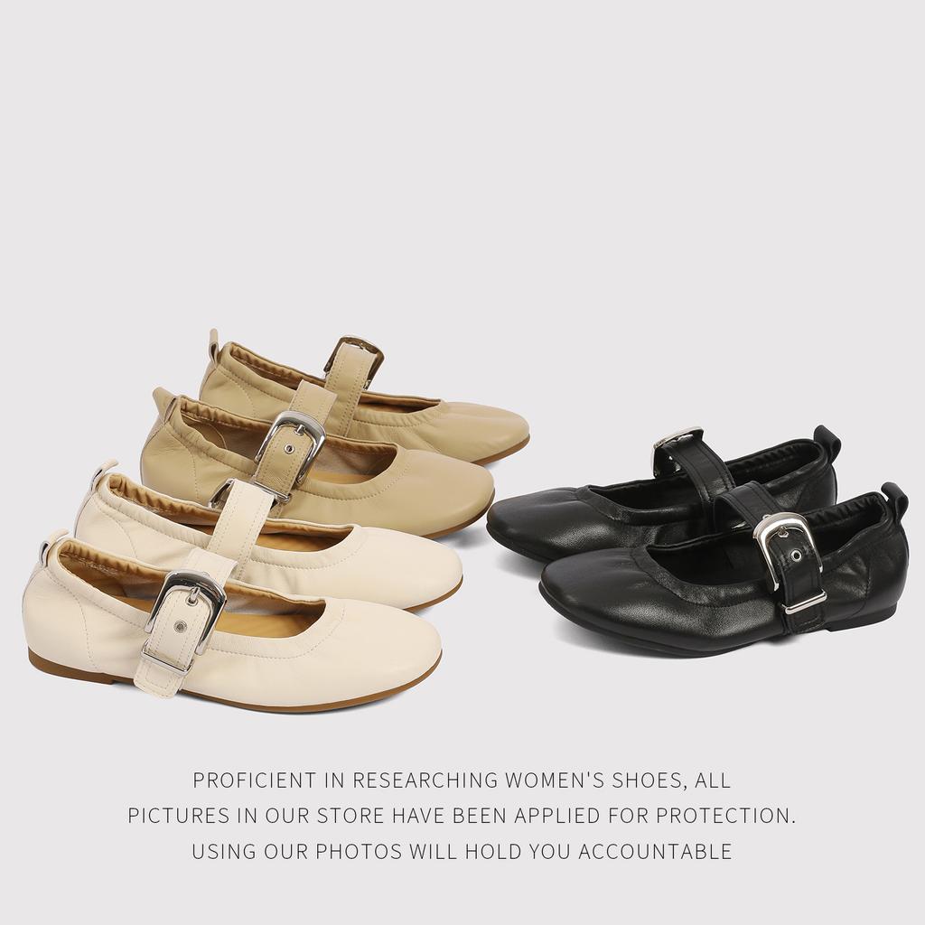 CowhideMetal Square Buckle Ballet Flat Shoes Women'S Skinny Single Shoes Vintage Round Head Mary Jane Shoes