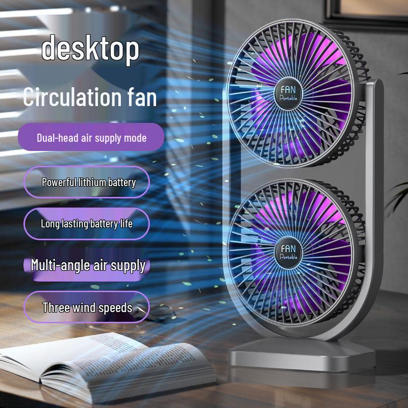 USB Rechargeable Dual-Head Desk Fan - Adjustable Air Circulation for Home & Outdoor Dual-Head Fan