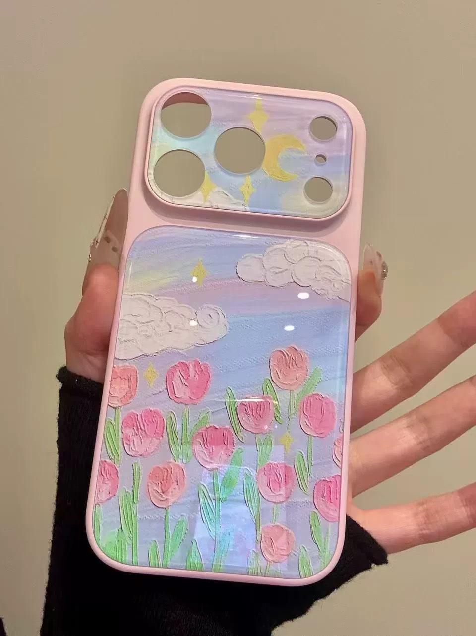 

Ins Style Aesthetic Cloud & Tulip Oil Painting iPhone 17 Pro Max Case - Fits Apple 16 Female. 17 Pro Max