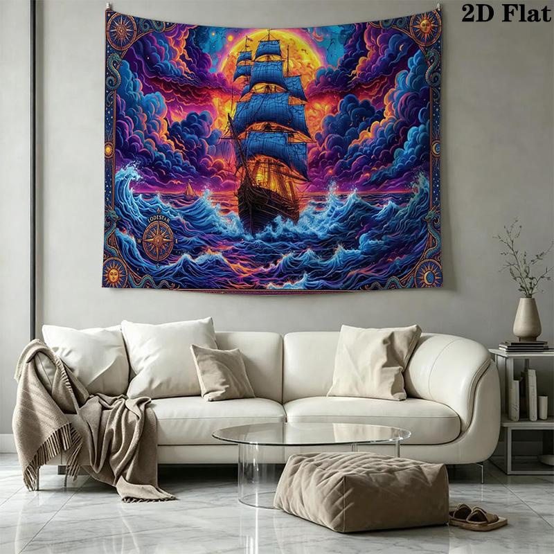 Pirate Ship Art Wall Tapestry Aesthetic Wall Hanging Printed Fabric Blanket Decorative Tapestries for Bedroom Living Room Home Decor