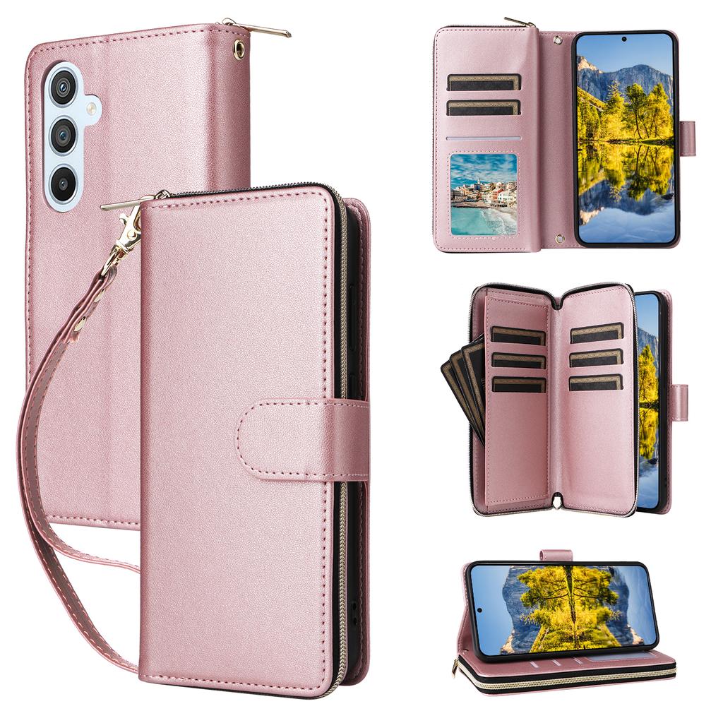 R20 For Samsung Galaxy A54 5G Case 9 Card Slots PU Leather Phone Cover with 2 Straps