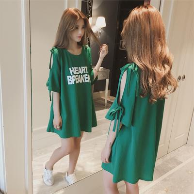 Nouă Versiune Coreeană Tricou cu Imprimeu Litere și Fundă Mânecă Trei Sferturi Top Damă Fustă Tricou Damă Lungime Medie cu Umeri Căzuți