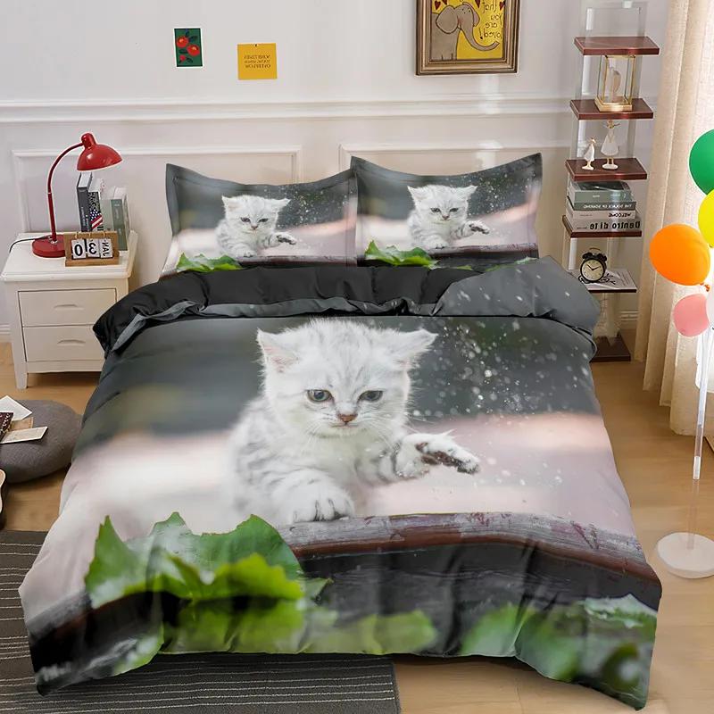 Pet Animal Bedding Set Cute Cat Bedding For Kids Quilt Cover Pillowcase Comforter Cover Kawaii Kitty Soft Polyester Duvet Cover