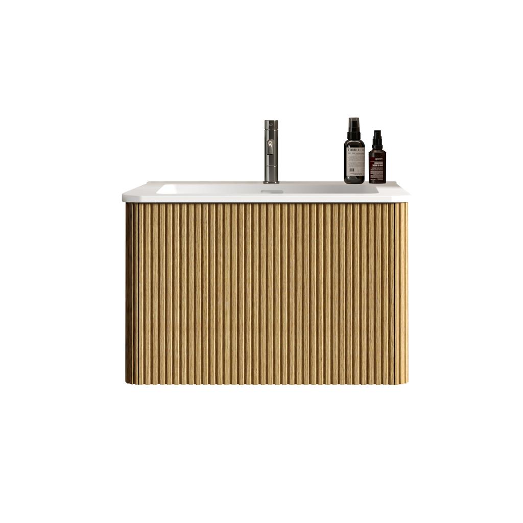Washbasin with Vanity Unit for Small Bathrooms, Mineral Cast, Fluted Design, 60cm Wall-Mounted Bathroom Cabinet, Natural Oak Color, Pre-assembled
