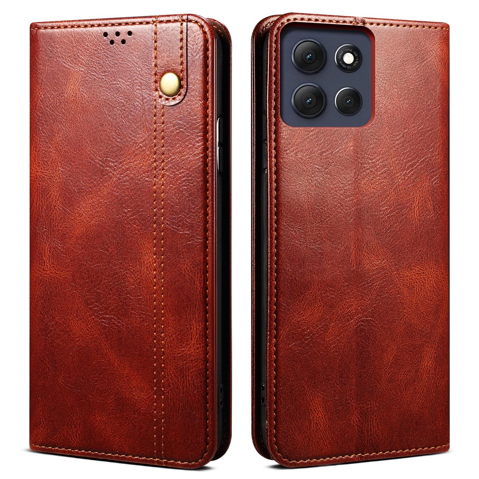 

For Motorola Moto G56 5G Case Crazy Horse Texture Waxy Leather Wallet Stand Phone Cover Brown