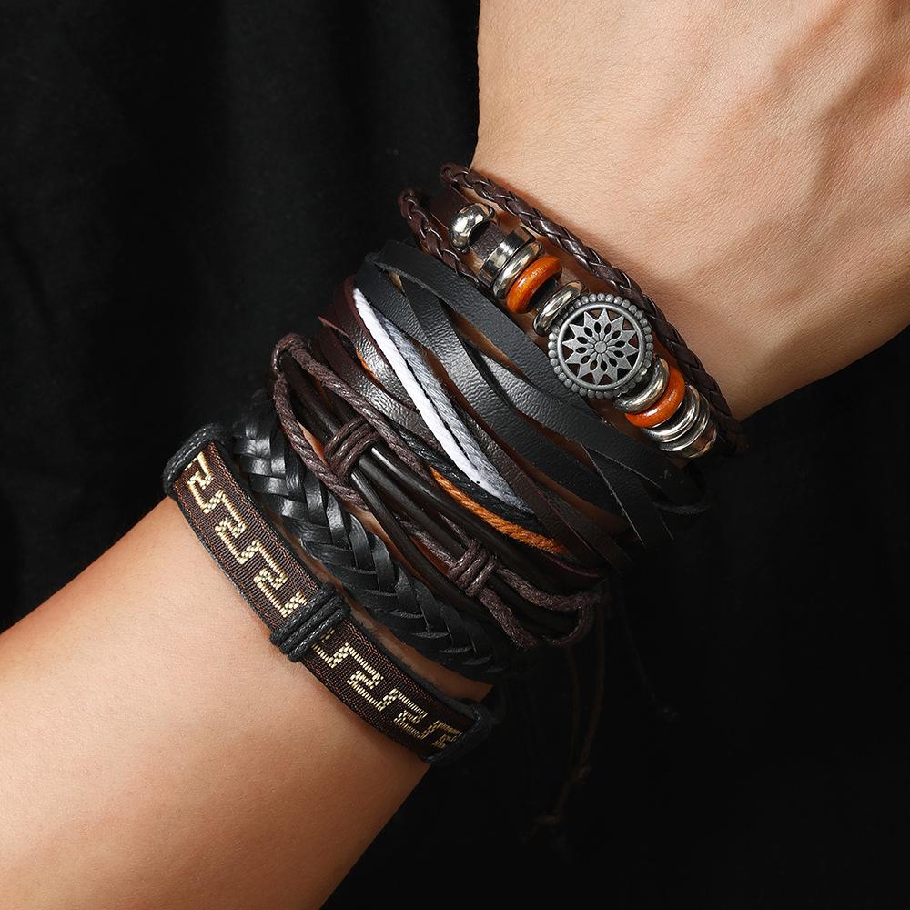 European and American Personalized Retro Men's Leather Bracelet Hand Rope Diy6-piece Set Cowhide Woven Retro Bracelet with Jewelry