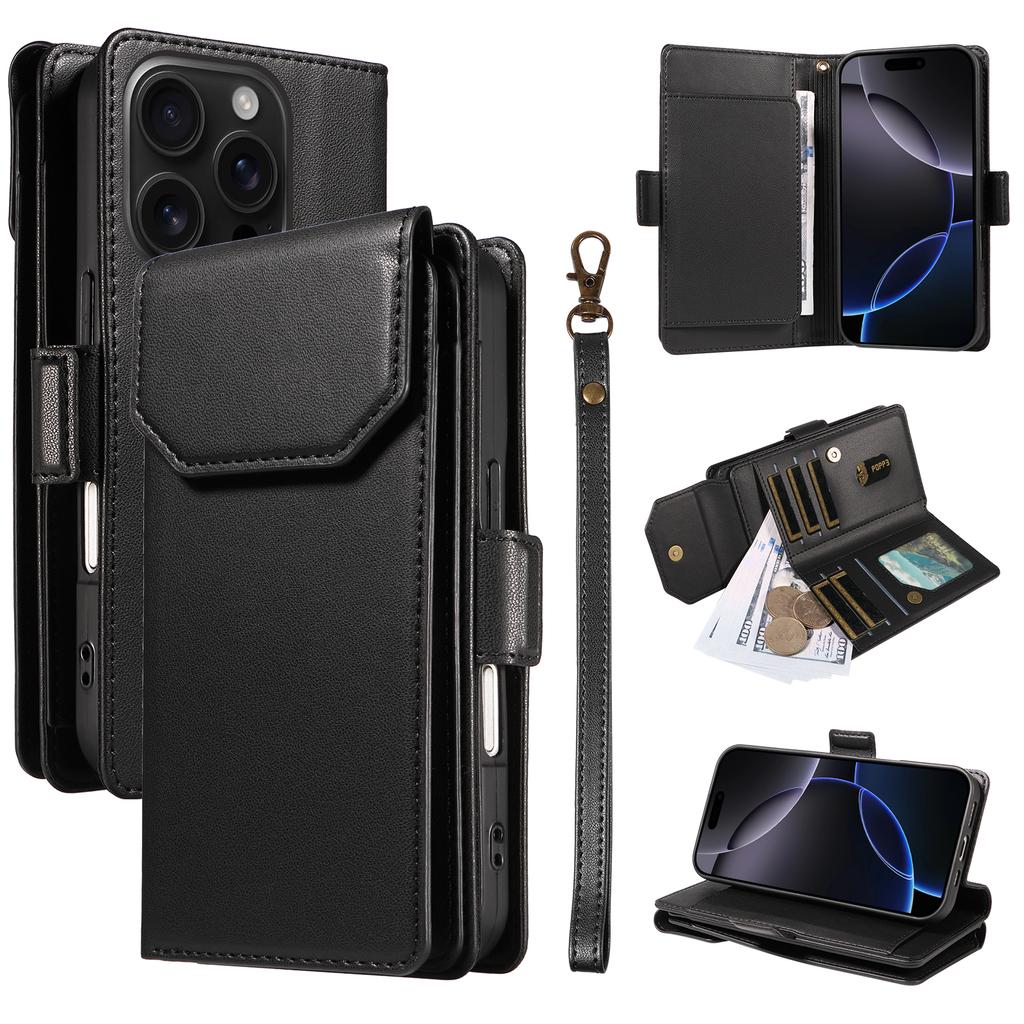 For iPhone 16 Pro Case with Multi-Card Holder and Strap PU Leather Phone Cover Stand