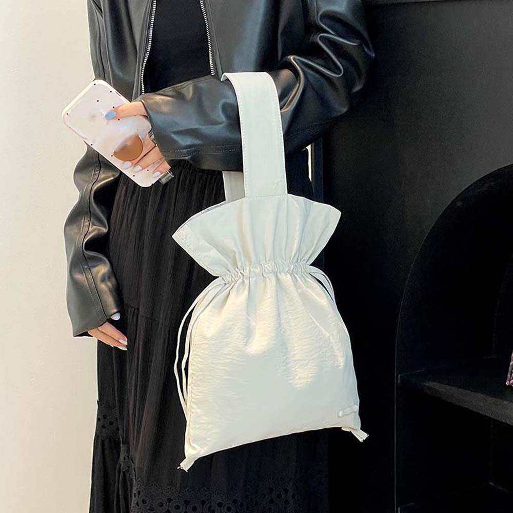 Large Capacity Solid Color Handbag Portable Pleated Bucket Bag Nylon Drawstring Bag  Shopping