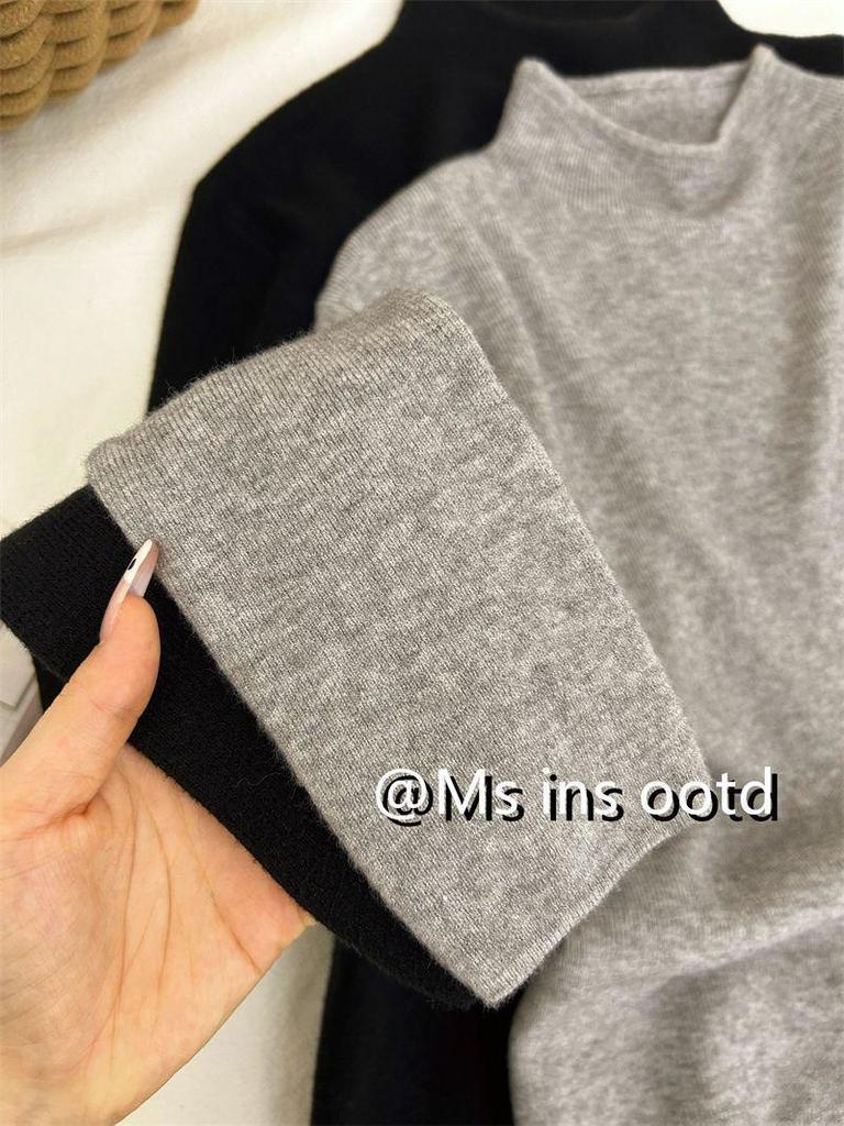 Fresh & Unique Green Bean Knit Sweater: Skin-Brightening, Semi-High Neck, Long-Sleeved, Slim-Fit for Autumn/Winter