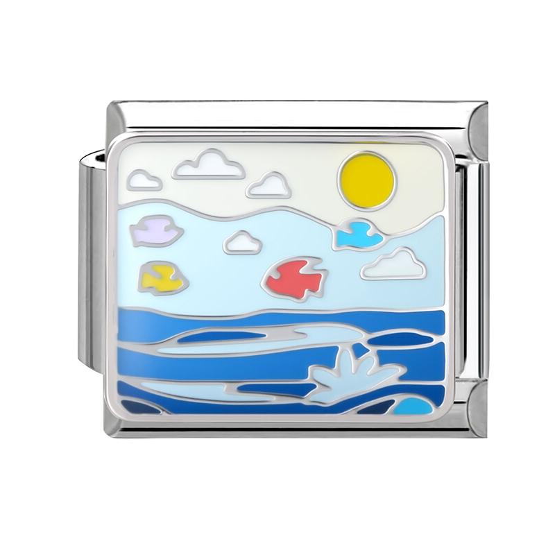 Blue Sea Waves Sun Moon Plane Seabed Star Butterfly Beads Fit 9mm Italian Charm Links Bracelet Stainless Steel DIY Jewelry Gifts
