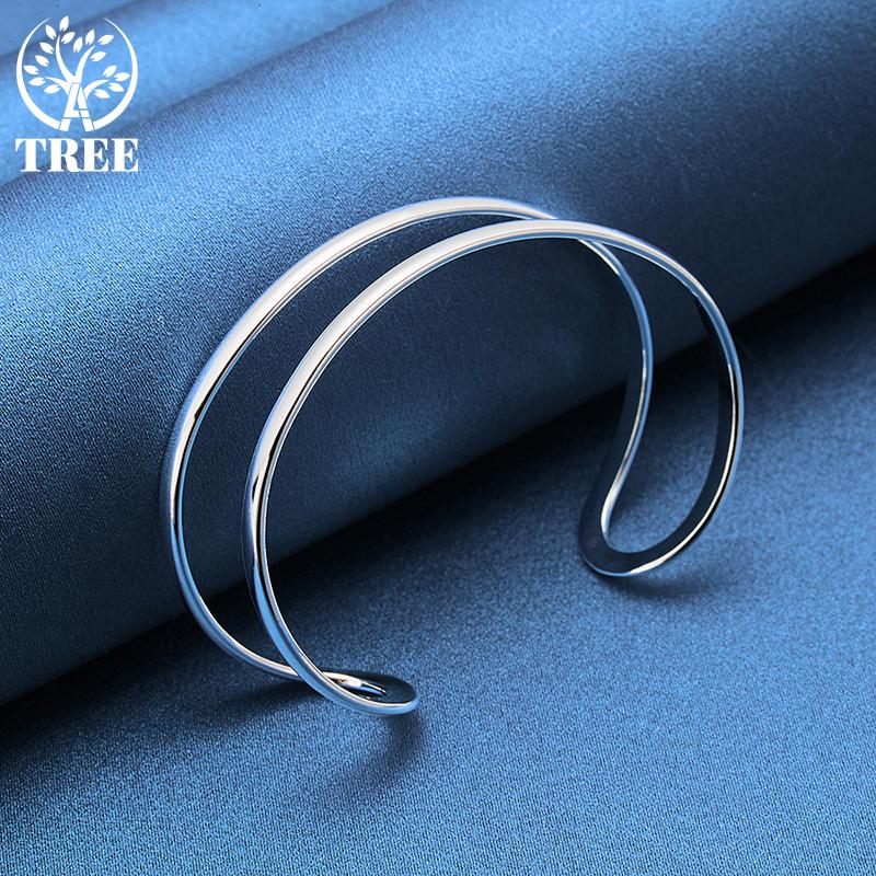 925 Sterling Silver Double Circle Line Bangle Bracelet Jewelry