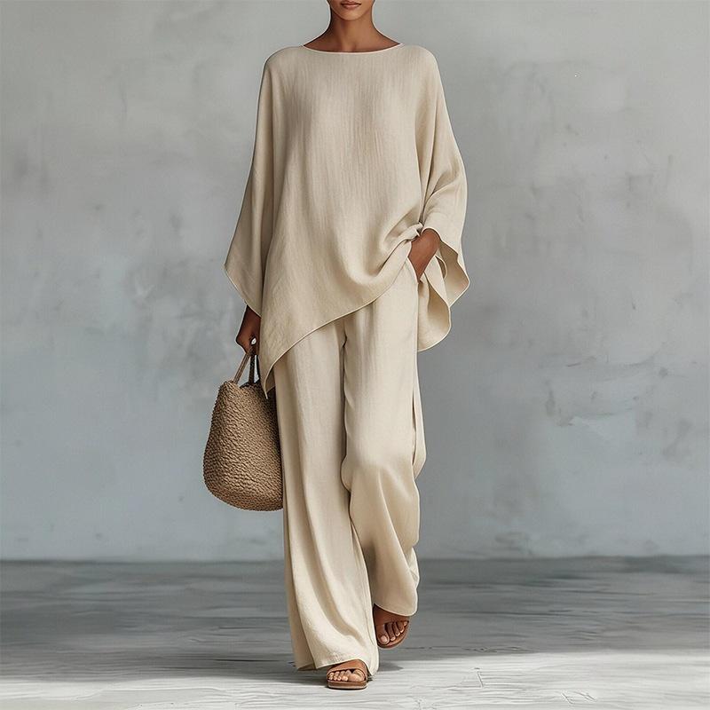 2026 spring new women's clothing, Europe, America and Amazon cross-border, fashionable solid color loose bat sleeve trousers two-piece set