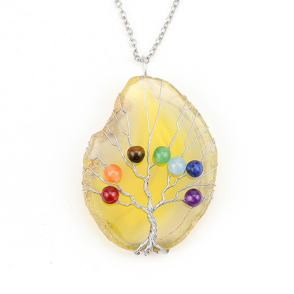 Handmade Silk Winding Tree Of Life Colorful Beads Natural Agate Sheet Pendant Necklace N634