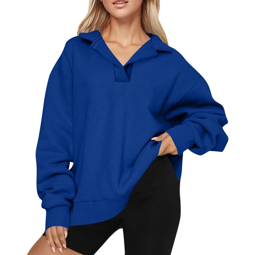 Women's Fashion Long Sleeve Solid Color V-Neck Loose Sweatshirt Top