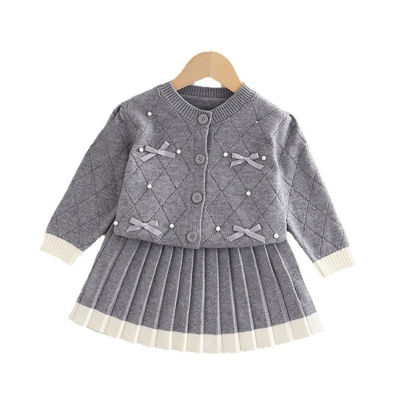 Girls Sets Children'S Clothing Autumn Winter Bow Suit Knit Sweater+ Short Skirt 2pcs Kids Outfits