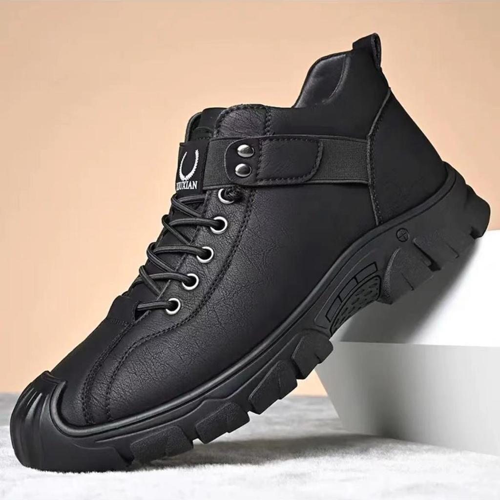 Men's shoes round head autumn and winter casual leather shoes men's velvet warm low-top cotton shoes non-slip thick-soled snow boots