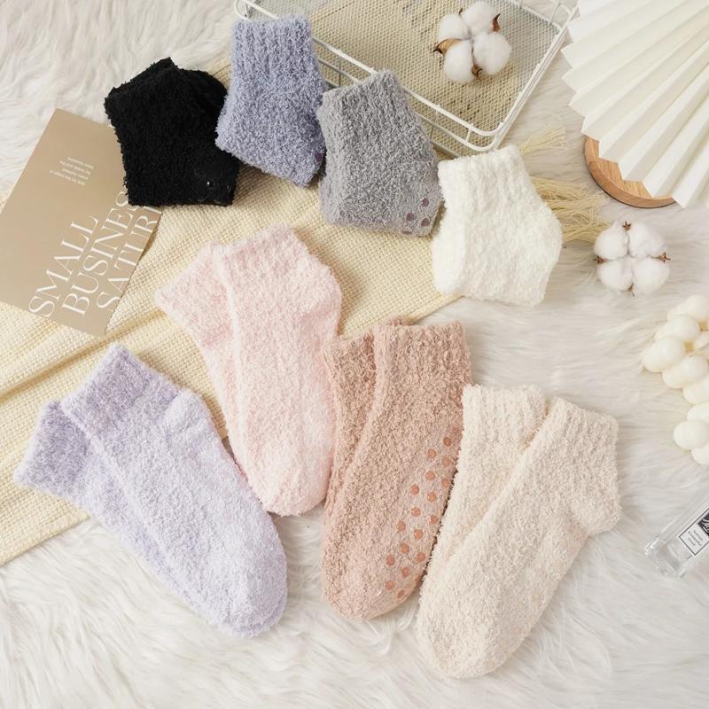 Autumn Winter Non-Slip Coral Floor Socks Women Thick Warm Thermal Home Carpet Sleep Slippers Socks Solid Color Casual Short Sock