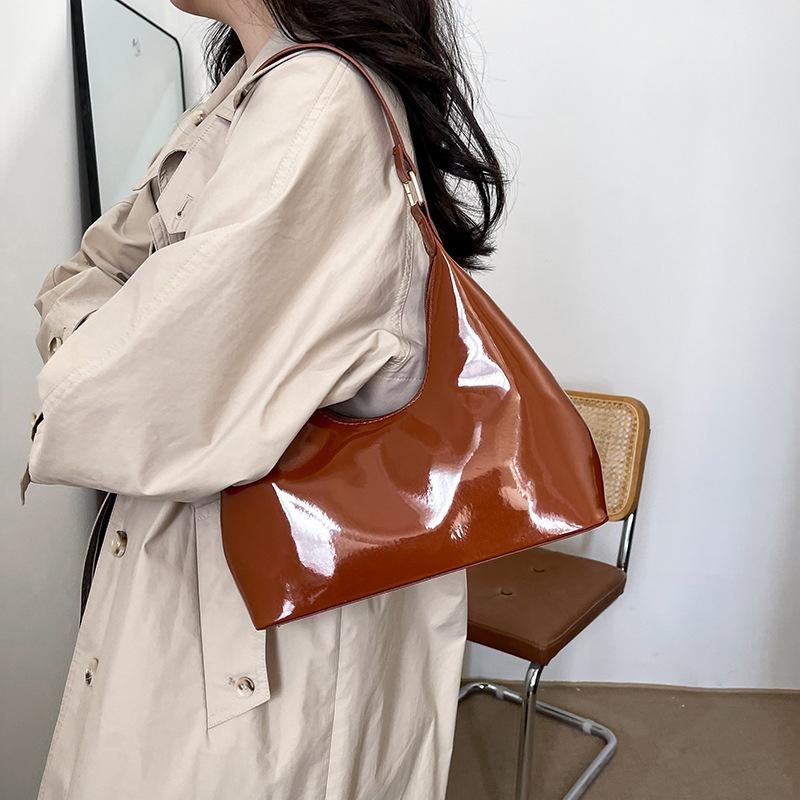 Glossy Shoulder Bag Fashion PU Leather Solid Color Messenger Bag Purse Women Shoulder Bag Hobo Handbag AVE