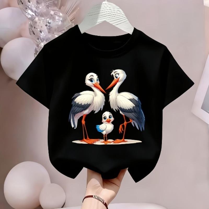 Children Crew Neck Short Sleeve T-Shirt with Parent-Child Themed Cartoon Stork Print