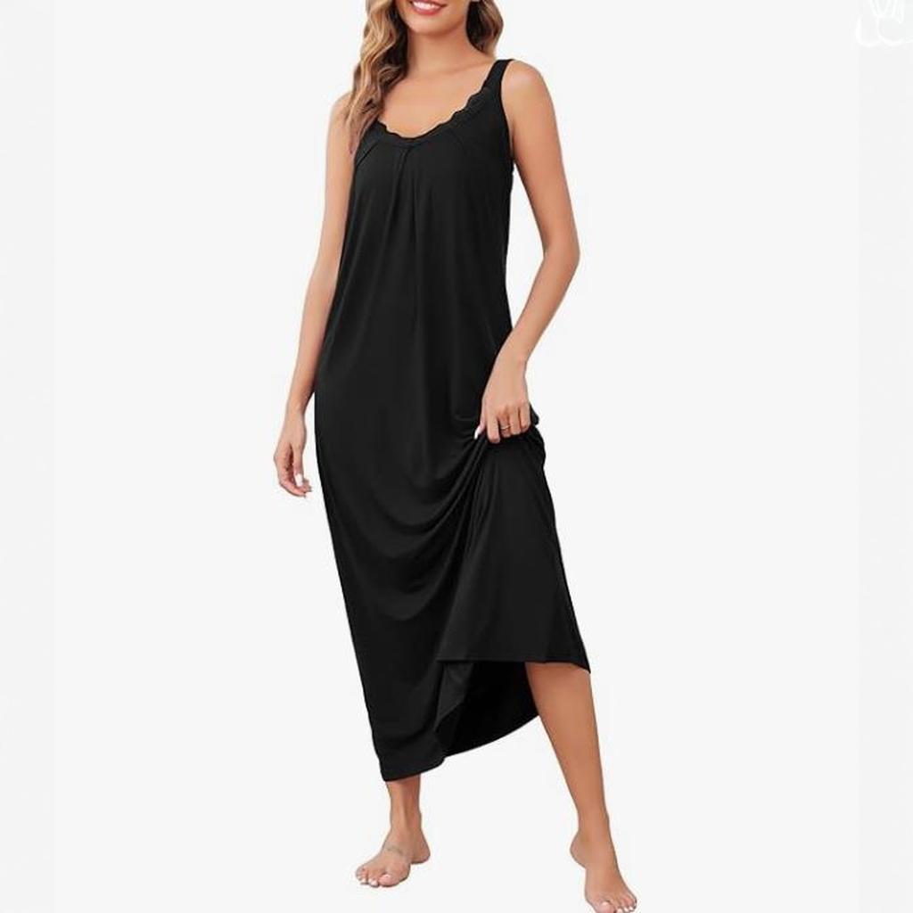 Women's Soft Long Elegant Lace V-Neck Home Clothes Sexy Loose Sleeveless Casual Dress