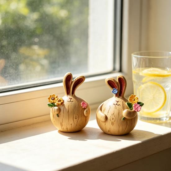2 Pcs Easter Bunny Figurine Cute Round Garlic Bunny Statue Resin Rabbit Sculpture for Shelf Mantel Tabletop Spring Indoor Decoration