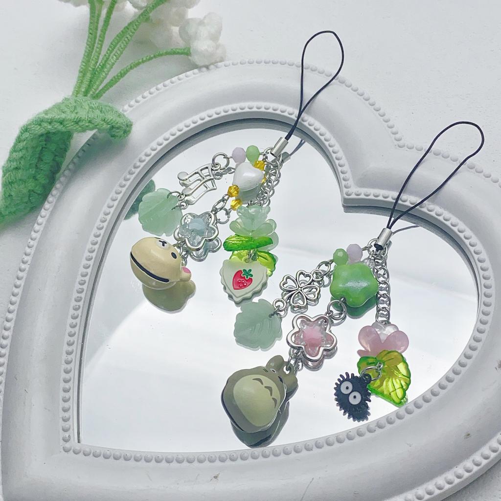 Cute Rilakkuma Bear Bell Matching Phone Charms Handmade Totoro Cat Star Hanging Chain Beaded Pendant Cardbook Keychain Gifts
