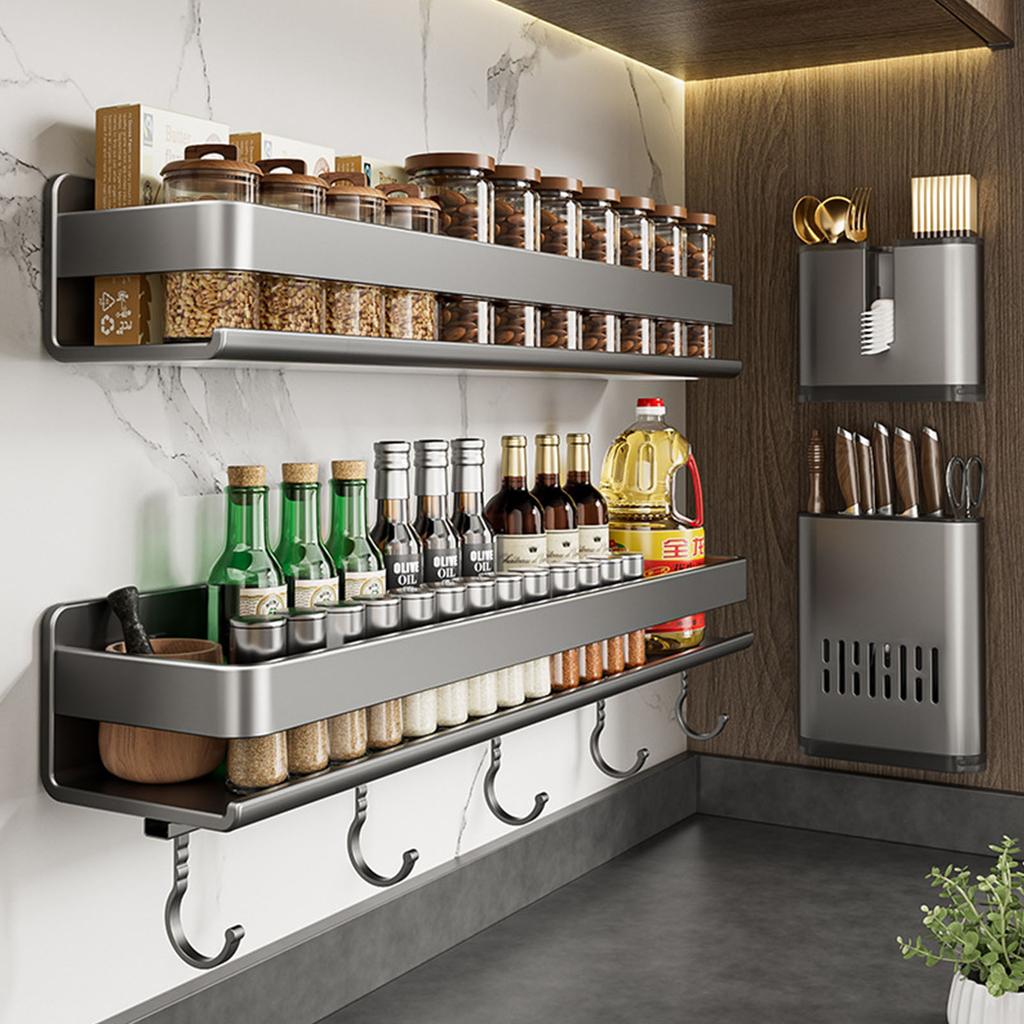 Space Saving Large Capacity Kitchen Spices Holder Wall Mount Designs Without Drilling with Hook for Organization