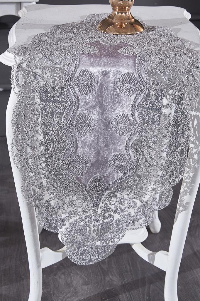Sirma Velvet Runner Set 5 Pieces For Living Room, French Lace, Wedding, Home Accessories, Grey