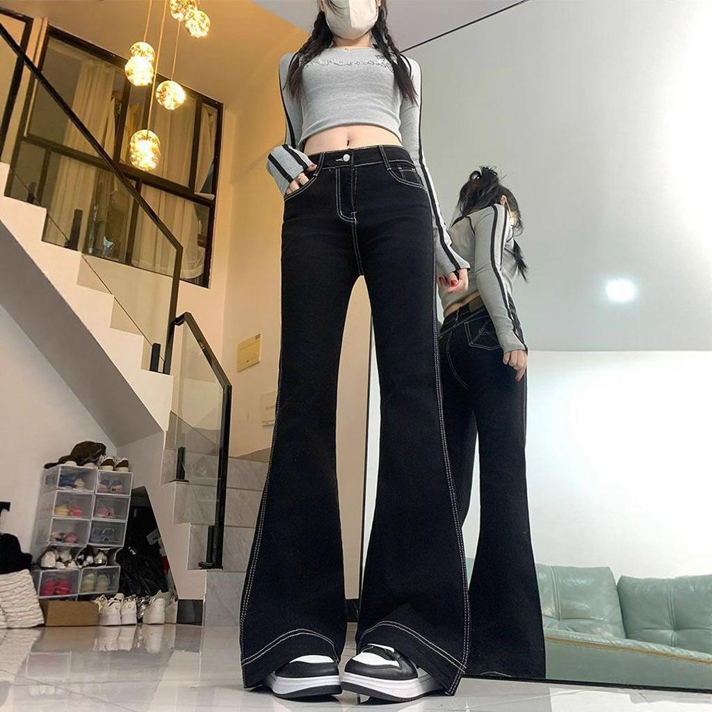 Not Sticky Legs High Waisted Large Size Black Micro Flared Wide Leg Jeans Women Spring Autumn Draped Drag Floor Long Trousers Long Denim Pants