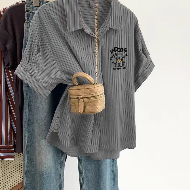 Ladies Dog Embroidered Solid Color Striped Shirts French Leisure Lapel Women's Short Sleeved Blouses Summer Casual Single Breasted Female Top