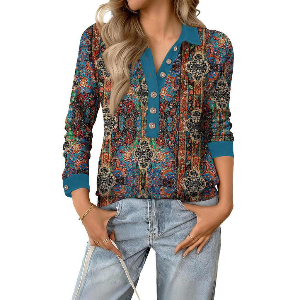 Women's Fashionable and Relaxed V,neck Long,sleeved Button,down Retro Print Pullover Top
