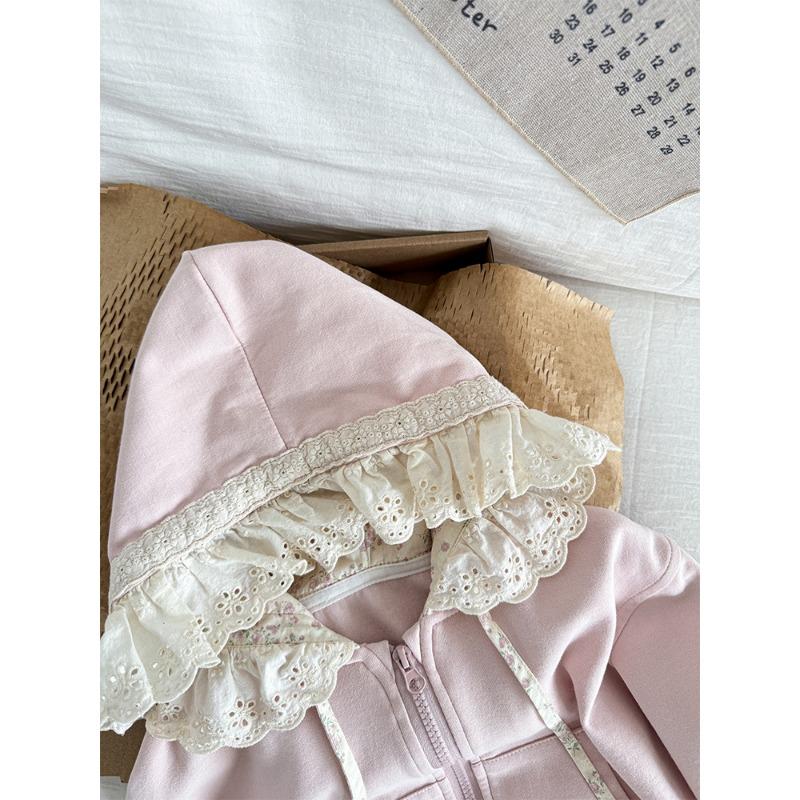 Girls Korean Style Jacket New Children's Autumn Pastoral Cute All-match Hat Lace Edge Zipper Sweater