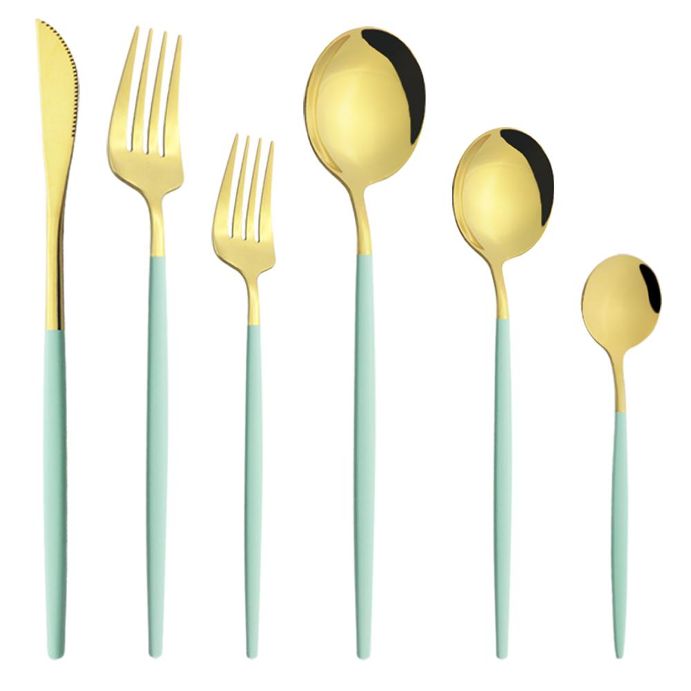 6Pcs/Set Gold Dinnerware Cutlery Set Mirror Stainless Steel Dinner Flatware Knife Dessert Fork Coffee Spoon Tableware Silverware Set