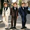 Boys Tuxedo Suit Lapel Double Breasted Blazer Vest Shirt Bow Straight Pants Kids Wedding Flower Boy Piano Performance Gentleman Formal Photo Outfit