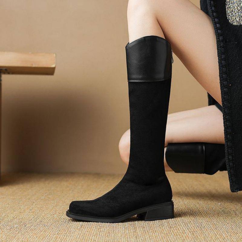 Autumn and Winter Suede Tall Boots Solid Color Large Size Women's Boots Medium Heel Back Zipper Fashion Boots Square Heel Comfortable Square Head 